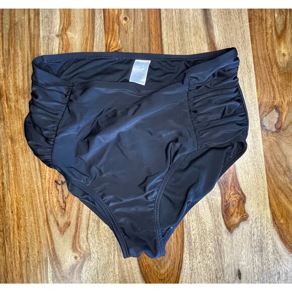Womens 14W High Waisted Control Top Ruched Side Full Coverage Black Swim Bottoms - Picture 1 of 2